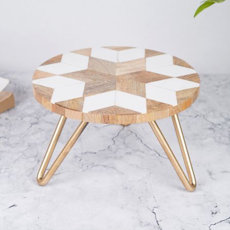 Wood and Resin Cake Stand in Brown and White Colour